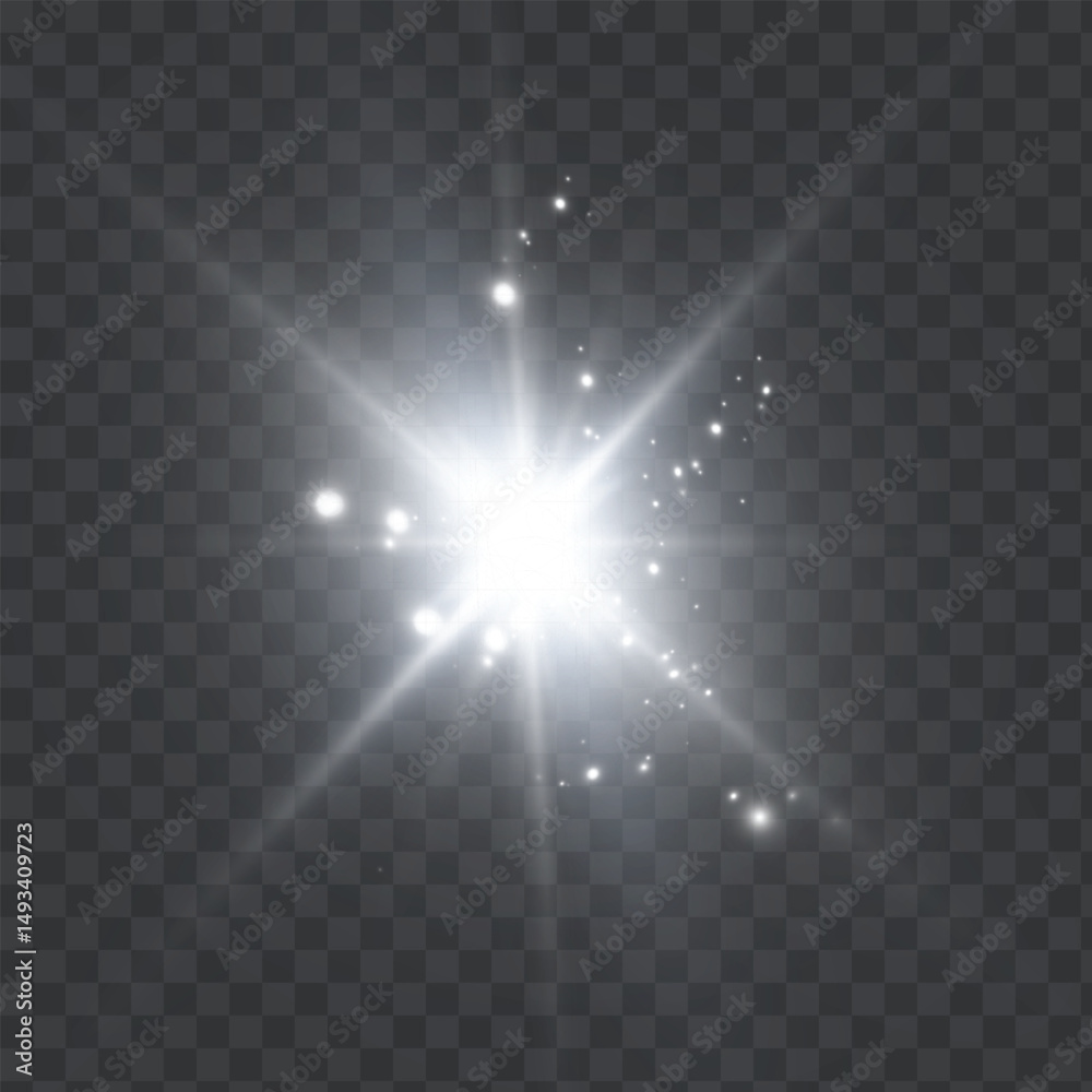 Poster white explosion of bright lens light and glowing dust particles on transparent background. for magic