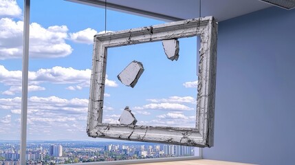 Broken Frame with Blue Sky View in Modern Interior Featuring Serene Urban Landscape Outside