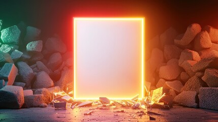 Illuminated Frame Surrounded by Broken Stones and Debris in a Dark Environment for Creative Inspiration