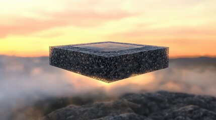 Futuristic Floating Structure Overlooking Dramatic Sunset with Clouds and Mountains in the Background