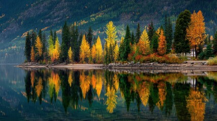 Serene Autumn Landscape with Forest Reflection on Lake Water in Montana USA Scenic View