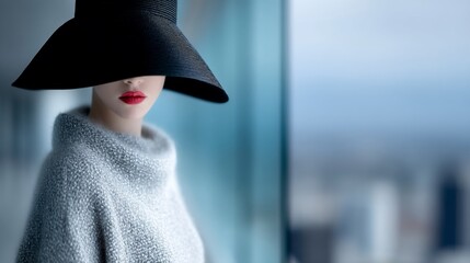 Woman in oversized hat and cozy sweater near window. Red lips, modern style