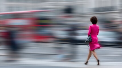 Woman in pink dress strides across street, blurred motion, near bus
