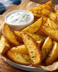 Golden potato wedges served with creamy dipping sauce close up shot delicious appetizer snack food photography studio shot