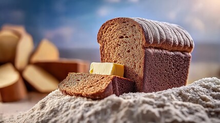 Freshly Baked Brown Bread Loaf with Butter Slice on Flour Surface for Food Photography