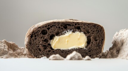 Freshly Baked Dark Bread Slice with Creamy Butter Spread on Neutral Background