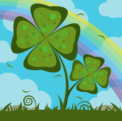 Stylized vector image of a four-leaf clover on a background of sky and rainbow. A leaf that brings good luck, an Irish belief

