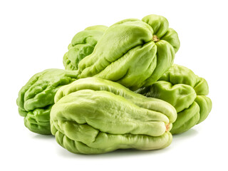 Fototapeta premium A cluster of chayote fruit isolated on white background wrinkled green skin high resolution