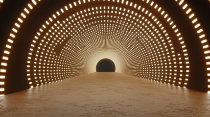 Illuminated Tunnel with Bright Lights Leading to a Dark Opening in a Futuristic Environment