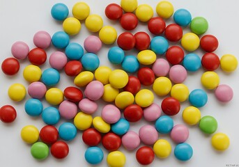 Obraz premium Ultra HD realistic colourful candy-coated shells, scattered on a white background, studio lighting, high resolution, isolated for commercial use.