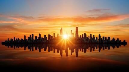 Stunning Sunset Over City Skyline with Vibrant Colors and Reflective Water Surface at Golden Hour