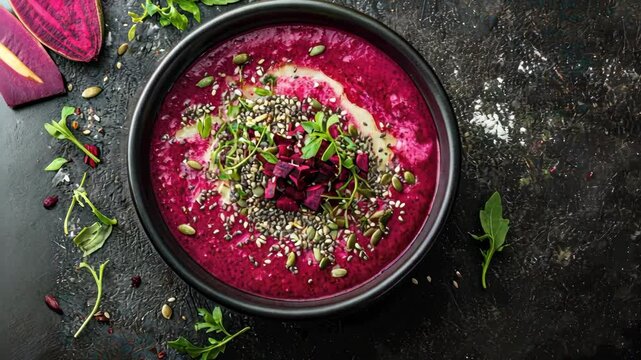 Bowl of vibrant beet soup with garnish on a dark background