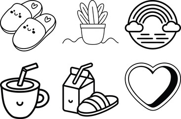 Fast food and drink icon set with coffee, tea, sandwiches, cupcakes, and breakfast items in cartoon style