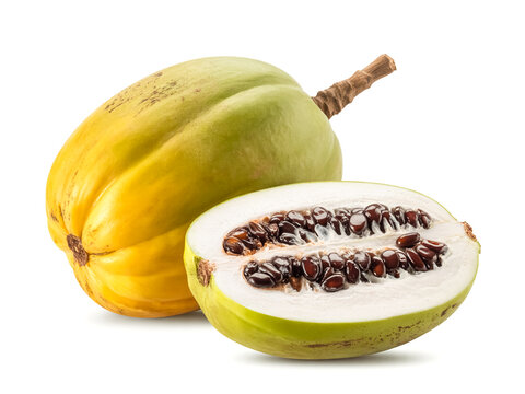 A whole ilama fruit and a half isolated on white background tropical skin seeded flesh