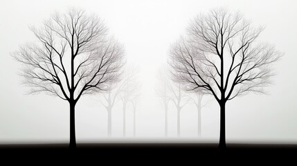 Bare Trees Silhouetted in Foggy Landscape with Ethereal Atmosphere and Minimalistic Composition