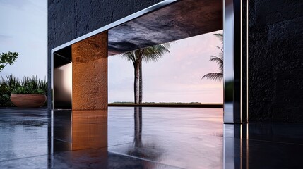 Modern Minimalist Architecture Design Featuring Elegant Outdoor View with Reflection and Nature Elements