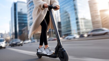 Woman rides electric scooter on city street