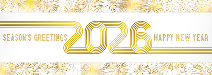 Season's greetings and A Happy New Year horizontal banner with golden fireworks and creative text design. Editable gold frame, white backdrop. Merry Christmas congrats template. Set of shiny glitters.