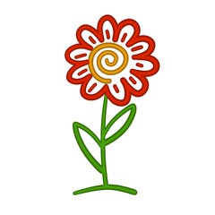 Colorful abstract flower with red petals and green stem on white background