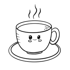 Cute smiling kawaii coffee mug with steam in black and white line art