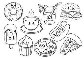 Cute food doodles: adorable cartoon faces on coffee, cupcake, pizza, and more