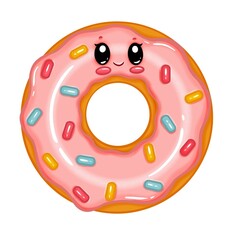 Cute kawaii donut with pink frosting and colorful sprinkles on white background