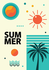 Minimalist and retro-inspired summer poster design featuring a stylized sun, a silhouette of a palm tree against horizontal stripes, and abstract geometric elements like circles and wavy lines.Vector 
