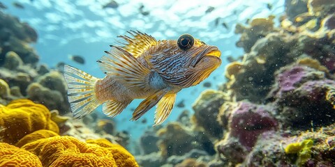 A vibrant reef fish swims amidst colorful coral, showcasing intricate details and the underwater ecosystem's beauty