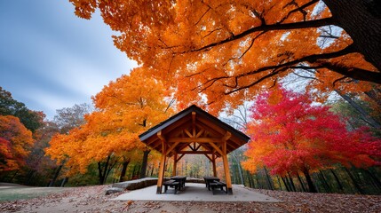 Wooden shelter in fall forest, surrounded by fiery orange and red foliage
