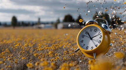 Yellow alarm clock shatters in field of flowers, signifying fleeting time
