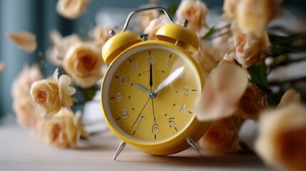Yellow clock surrounded by pale roses. Time concept, still life, whimsical