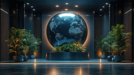 Modern, futuristic lobby with a large globe, lush plants