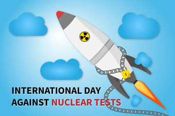 International Day Against Nuclear Tests vector art. Nuclear missile launch restrained by a chain and padlock, set against clouds. No nuclear test concepts.