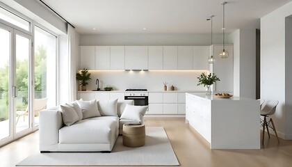 Modern white apartment interior featuring a minimalist open plan kitchen and living room with light wood accents, Elegant Open Concept White Kitchen with Scandinavian Aesthetic, generative ai