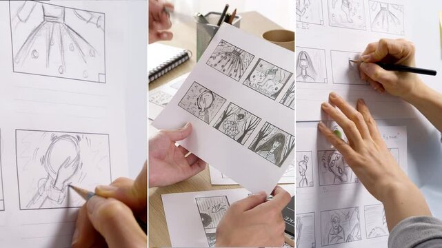 Collage of film storyboards. Character drawings.