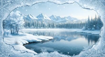 Winter Landscape Scene with Snowy Lake Trees and Mountain Range Under Blue Sky