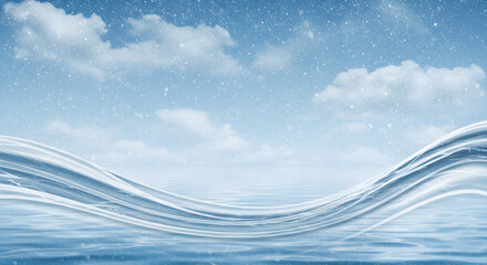 Winter Snowfall Over Blue Water Surface with Animated Light Effects and Cloudy Sky