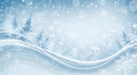 Winter Wonderland Abstract Scene With Snowflakes And Artistic Fir Trees In Cool Blue Tones