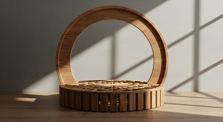 Wooden Architectural Structure With Circular Arch And Podium Against A Neutral Wall With Sunlight And Shadows