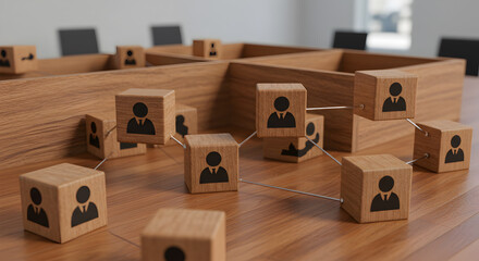 Wooden Blocks Representing People Connected on Table in a Meeting Room Showing Networking or Teamwork