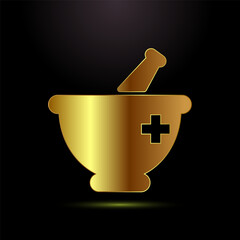 Mortar and pestle icon design illustration. Pharmacy sign symbol for app, website, and logo in gold color style