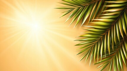 Obraz premium Vibrant Green Palm Leaves Against a Soft Golden Background with Bright Sunlight and Radiant Rays