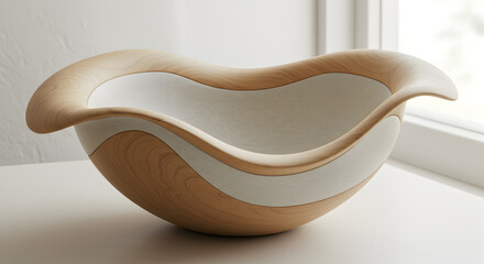 Wooden Bowl With Unique Wavy Design Displayed Near Window Natural Lighting Showcasing Craftsmanship