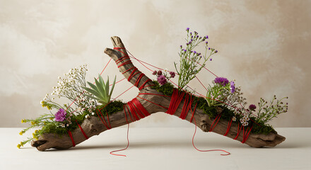 Wooden Branch with Floral Arrangement and Red String Decoration Against Neutral Backdrop