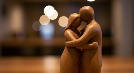 Wooden Carved Couple Embracing with Bokeh Background in Warm Tones