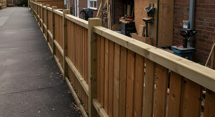 Wooden Fence Alongside Asphalt Pathway with Brick Wall and Construction Tools in Daylight