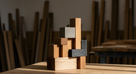 Wooden Blocks Stacked Sculpture Displaying Various Textures on Workshop Table with Soft Lighting