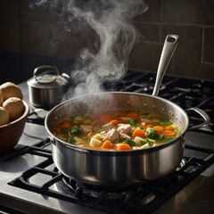 A large pot of homemade vegetable or chicken soup bubbling gently on a stovetop, with steam rising and a ladle resting on the side.