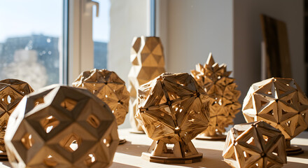 Wooden Geometric Sculptures Displayed In Studio Lit By Natural Light Displaying Intricate Forms And Textures