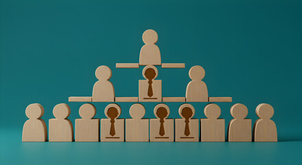 Wooden Figure Hierarchy On Teal Background Representing Teamwork And Organization